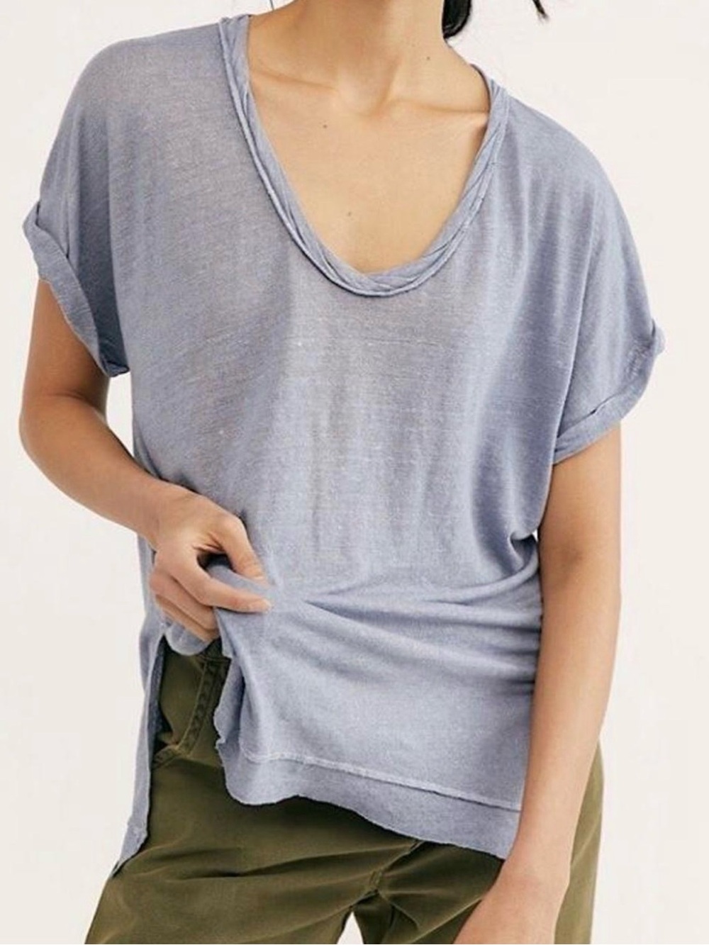 Free People Under the Sun Tee Linen Blend Oversized Rolled Sleeve Tee Sz XS⚠️